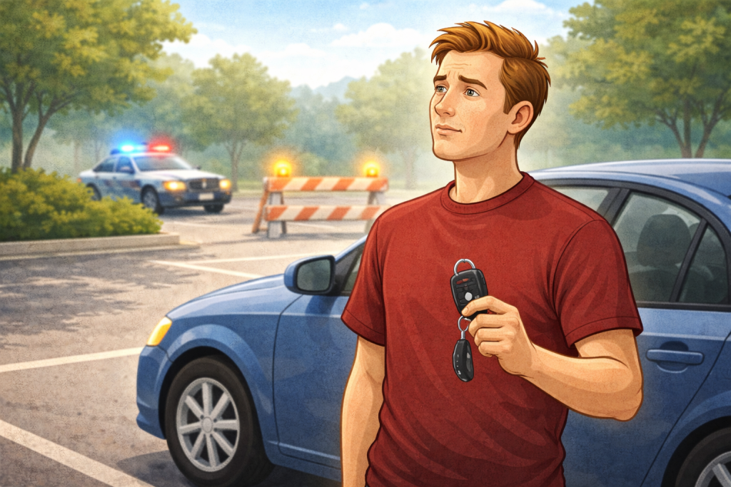 U.S. driver standing near a parked car after a license-related issu